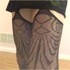 Sheer Black Patterned Garter Tights*Swirl Design*Cosplay*Sissy*Femboy*One Size